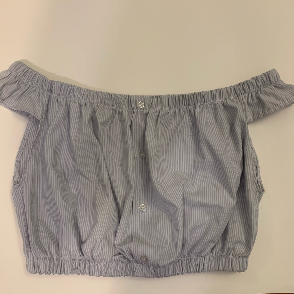 Topshop blue pinstripe off shoulder crop top